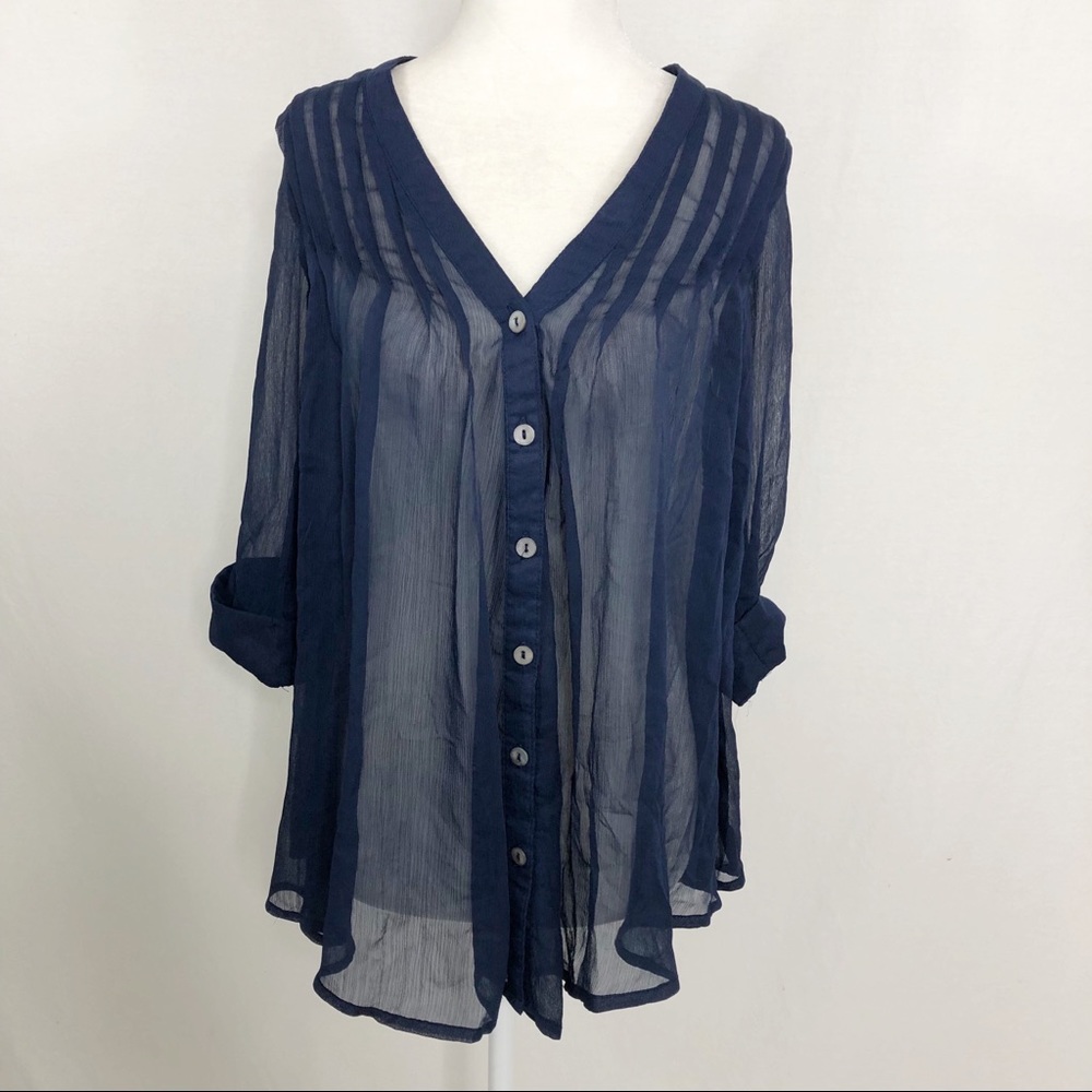 Olive & Oak Roll Tab V-Neck Button Front Blouse, Size XS, Navy Blue